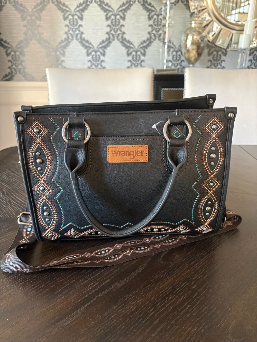 Wrangler Sierra Stud & Stitch Black Western Satchel Crossbody Bag NEW